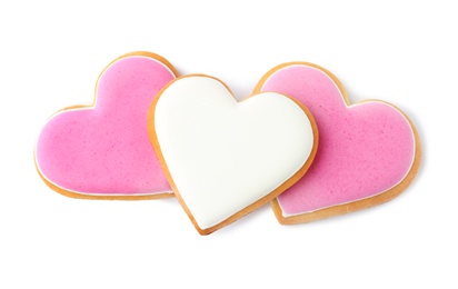 Photo of Decorated heart shaped cookies on white background, top view