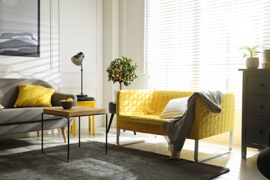 Stylish living room with sofas. Interior design in grey and yellow colors