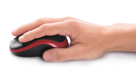 Man using computer mouse on white background, closeup of hand