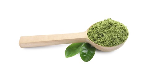 Wooden spoon with green matcha powder and leaves isolated on white