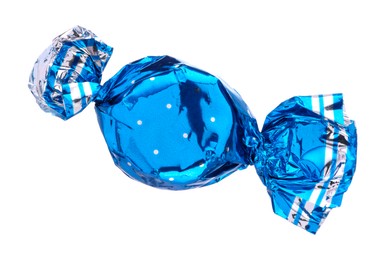 Photo of Candy in light blue wrapper isolated on white