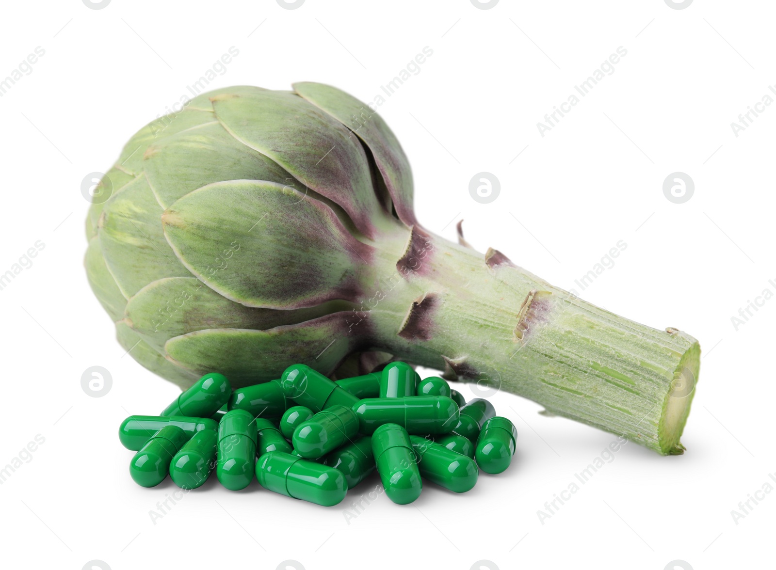 Photo of Fresh artichoke and pills isolated on white