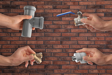 Image of Set with photos of plumbers holding different tools against brick wall, closeup