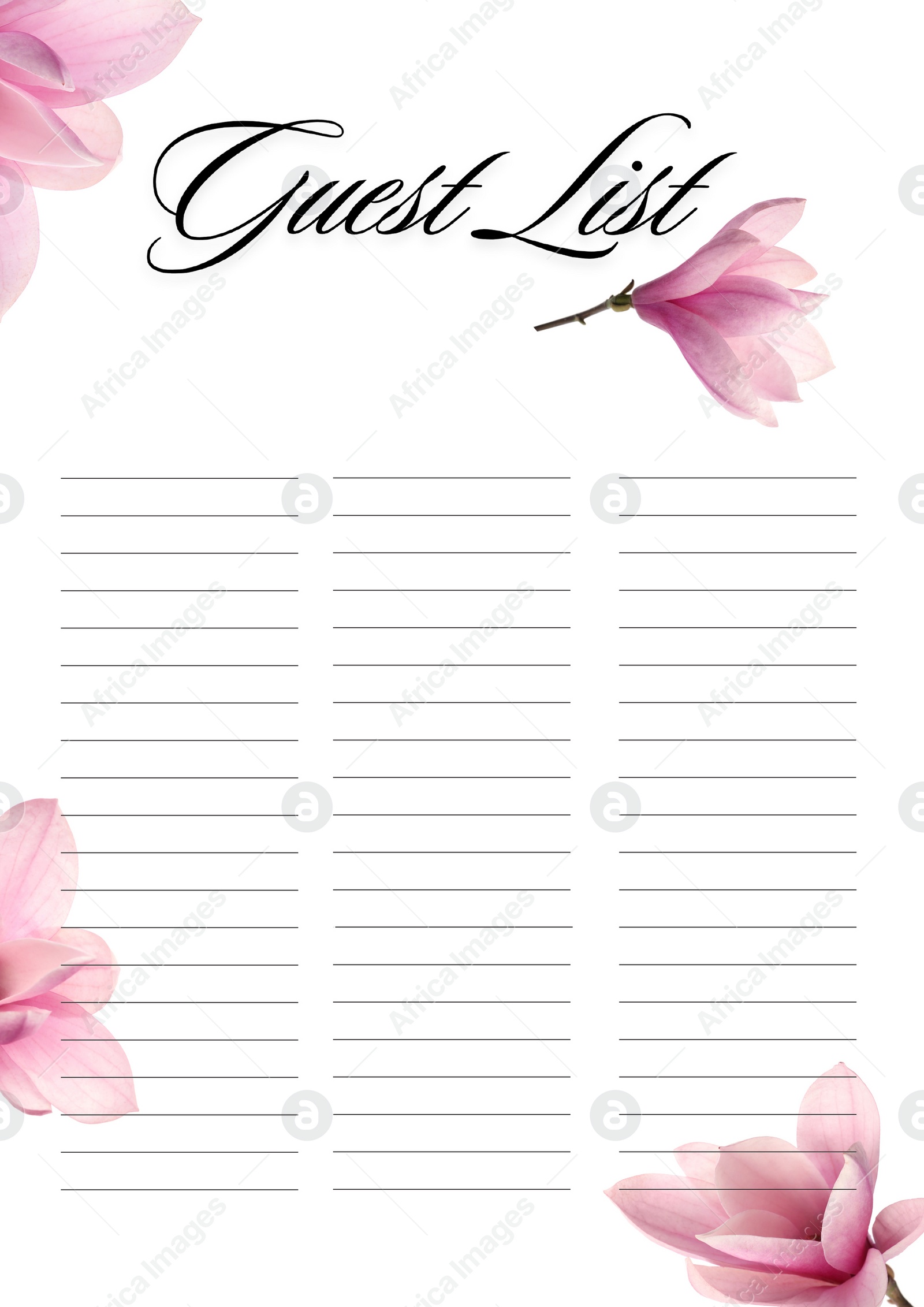 Image of Guest list design with beautiful flowers and empty lines