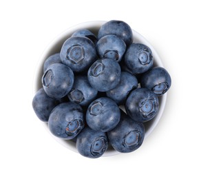 Photo of Fresh ripe blueberries in bowl isolated on white, top view