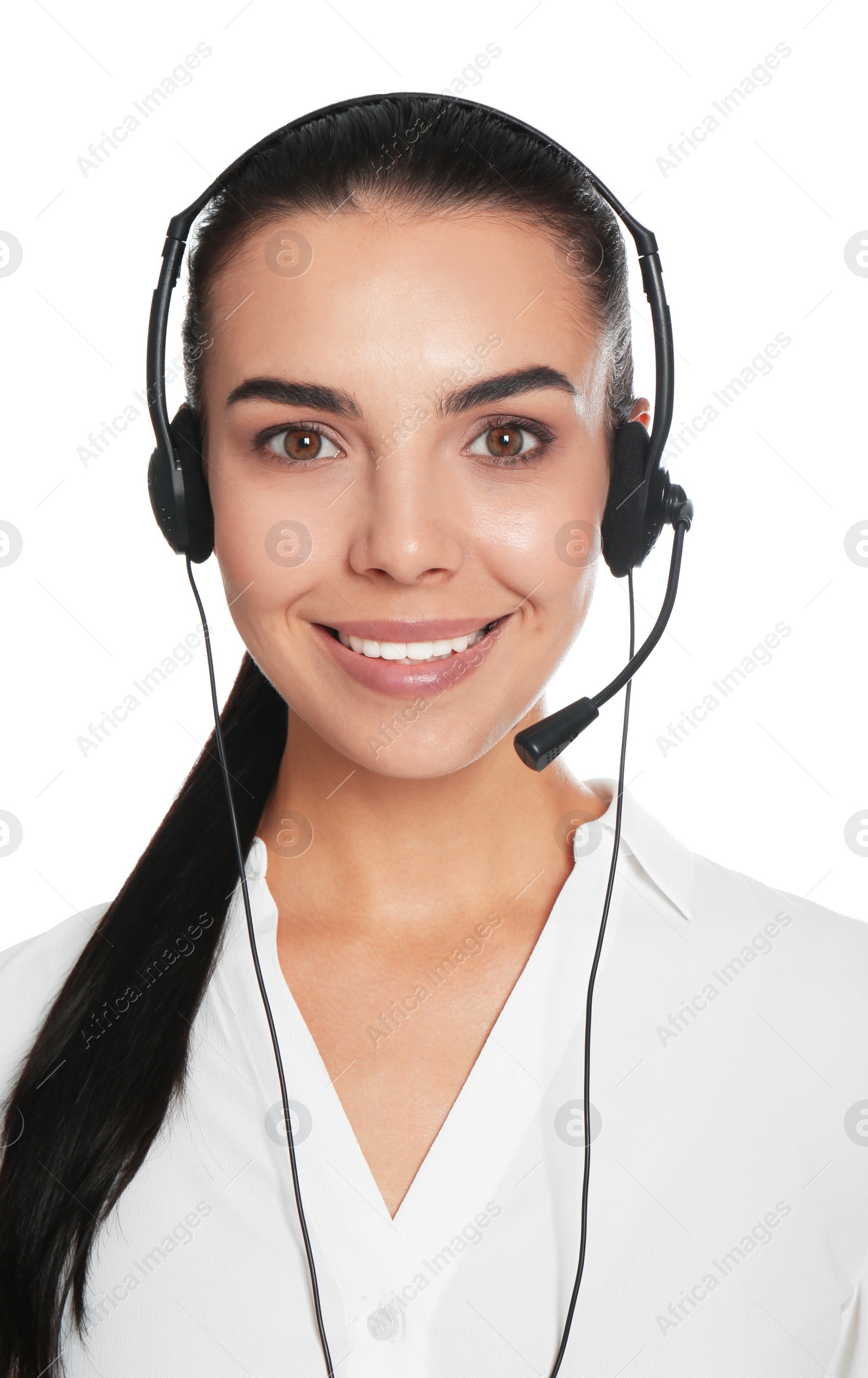 Photo of Beautiful young consulting manager with headset on white background