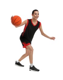 Photo of Professional sportswoman playing basketball on white background