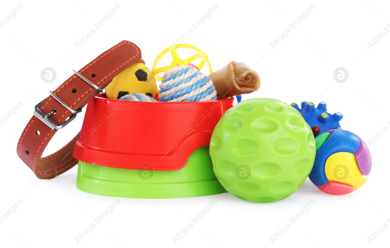 Photo of Different pet toys and accessories isolated on white