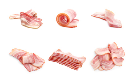 Image of Set with bacon slices on white background