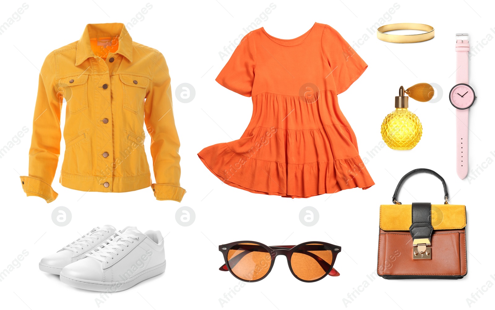 Image of Stylish look. Collage with dress, denim jacket, shoes, accessories and perfume for woman on white background