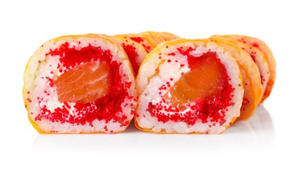 Delicious fresh sushi rolls on white background
