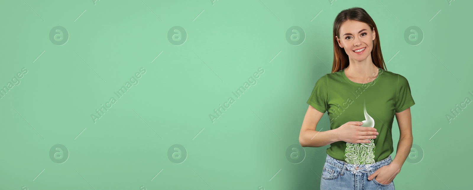 Image of Happy woman with healthy digestive system on turquoise background, banner design with space for text. Illustration of gastrointestinal tract