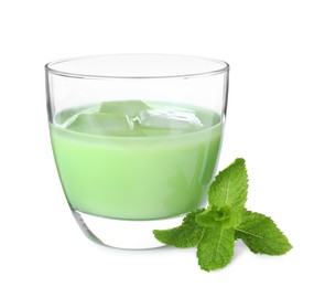Photo of Delicious mint liqueur with ice cubes and fresh leaves isolated on white