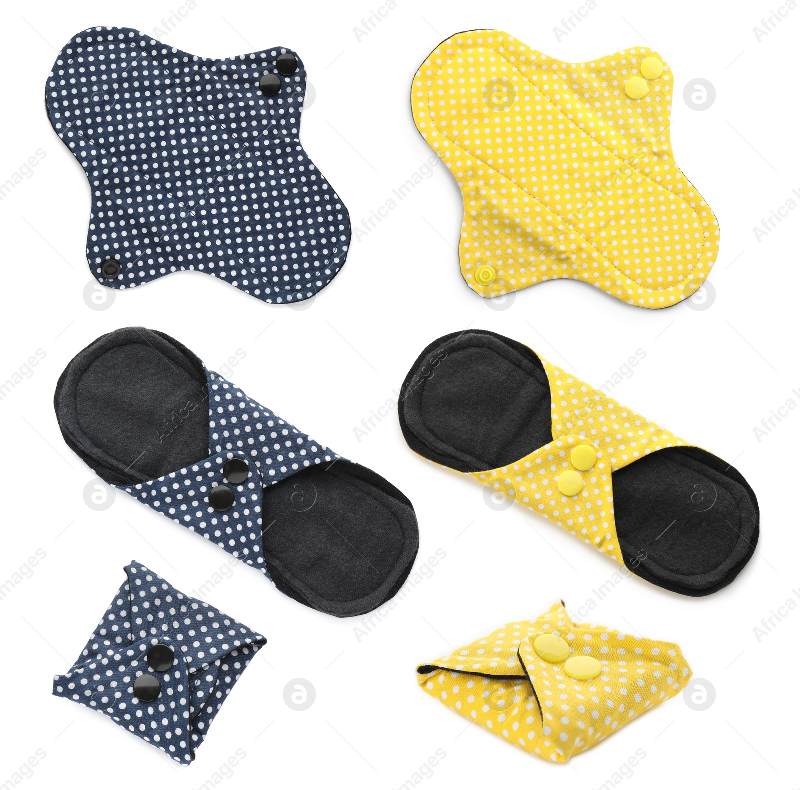 Image of Set with cloth menstrual pads on white background 