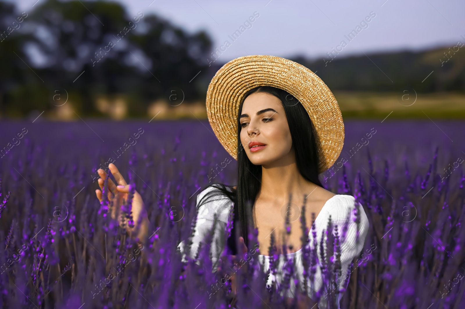 Photo of Beautiful young woman with straw hat in lavender field