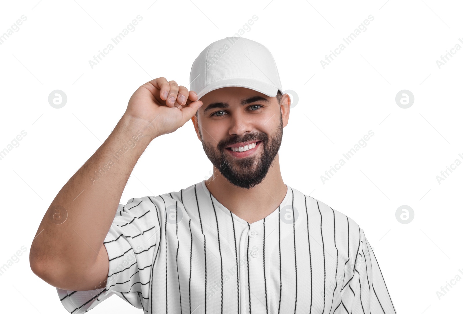 Photo of Man in stylish baseball cap on white background