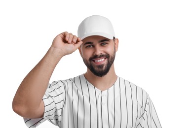 Man in stylish baseball cap on white background