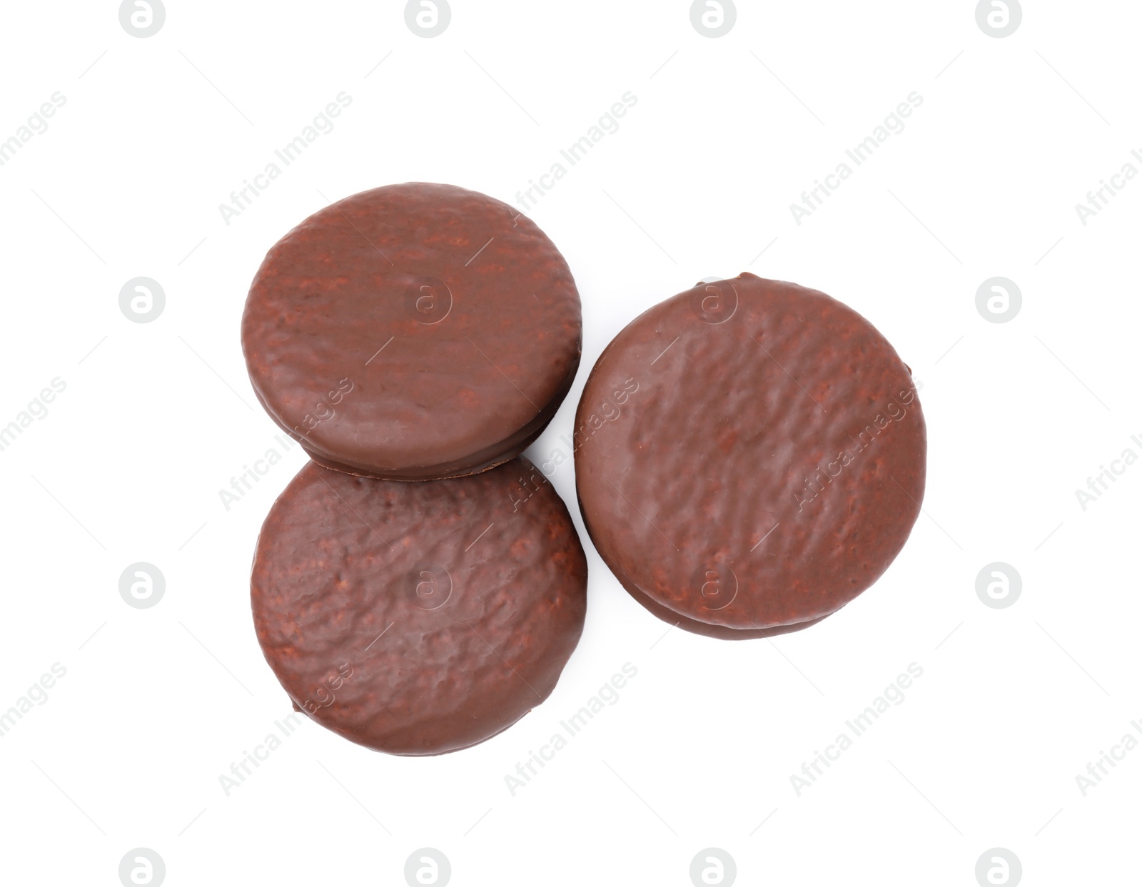 Photo of Tasty choco pies isolated on white, top view