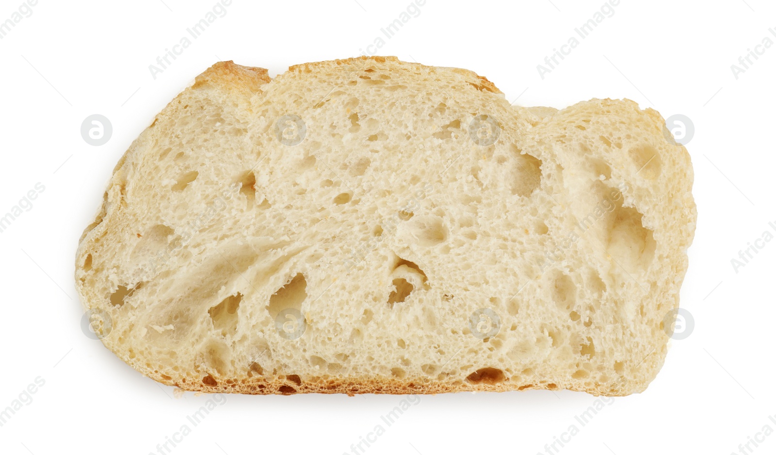 Photo of Slice of freshly baked sourdough bread isolated on white, top view