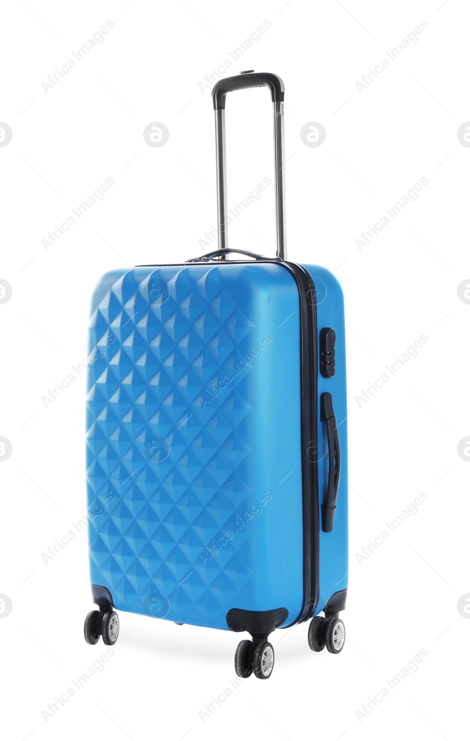 Photo of Blue suitcase for travelling on white background