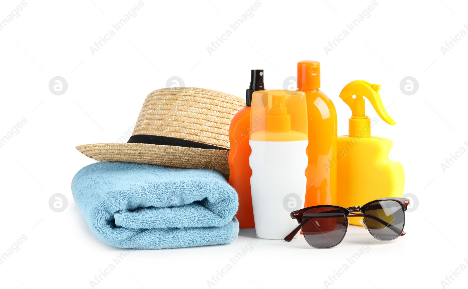 Photo of Composition with sun protection products on white background. Body care