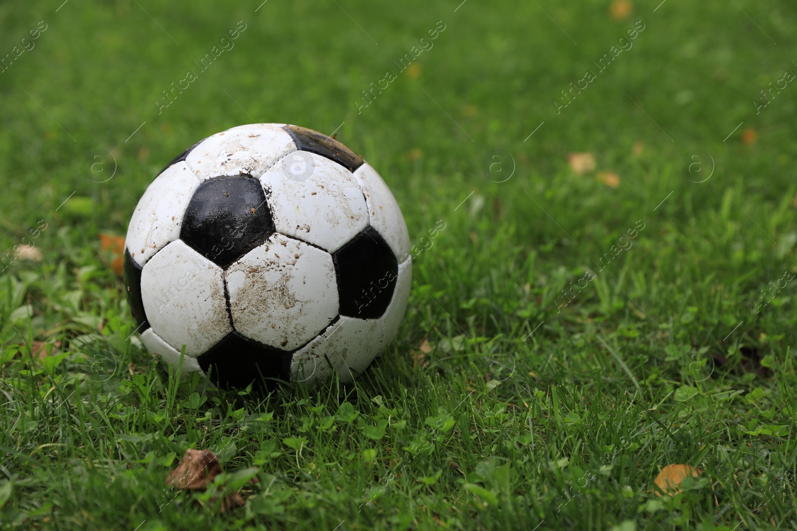 Photo of Dirty soccer ball on green grass outdoors, space for text