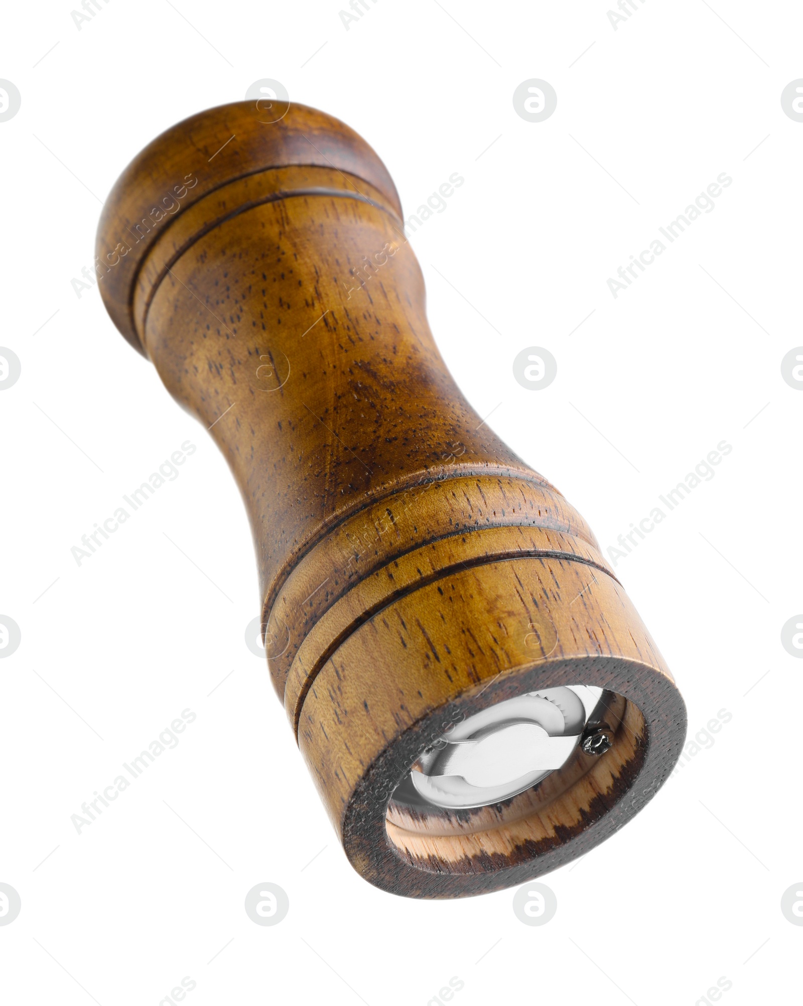 Photo of One wooden spice shaker isolated on white