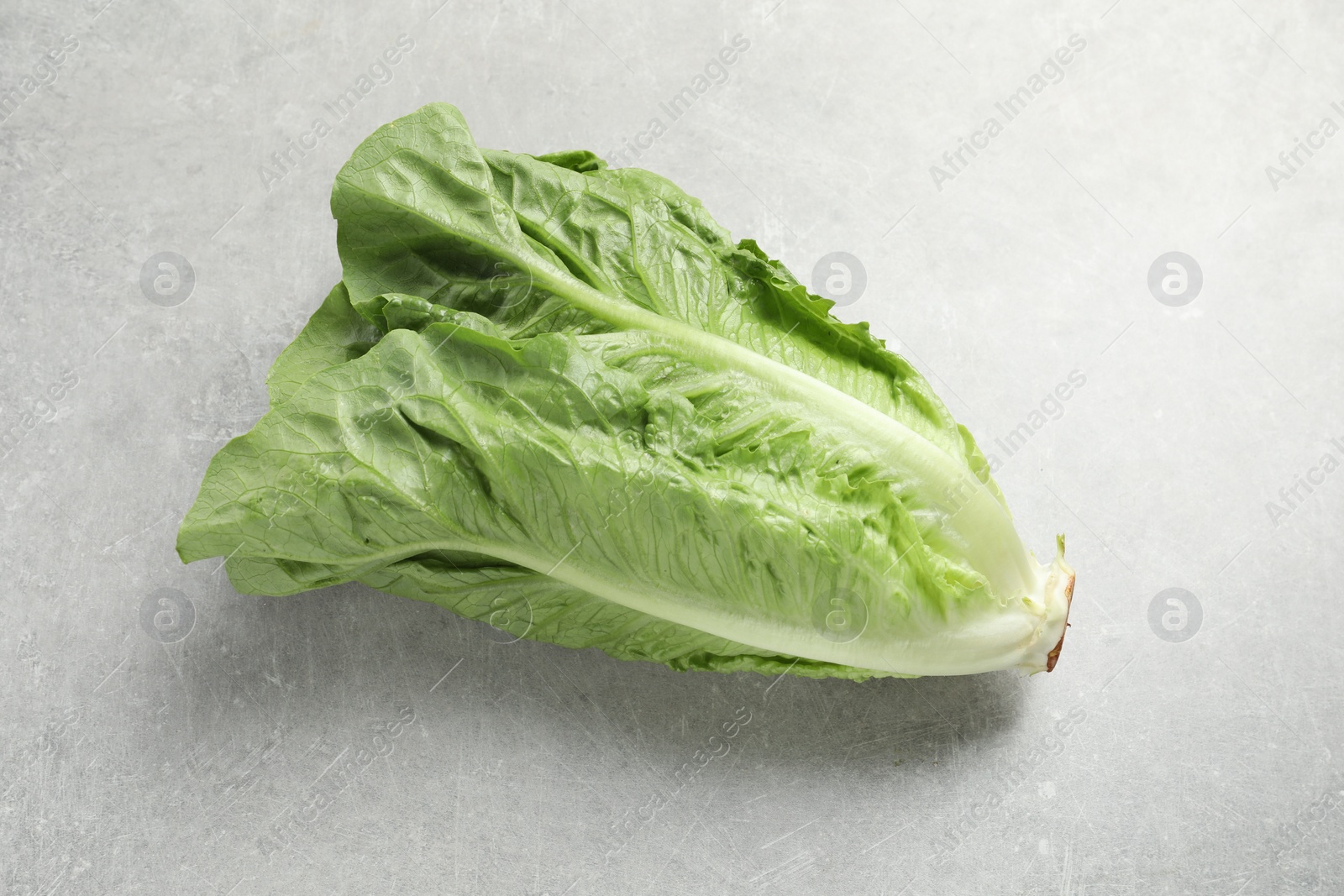 Photo of Fresh green romaine lettuce on light grey table, top view