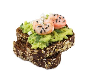 Photo of Delicious sandwich with guacamole, shrimps and black sesame seeds on white background