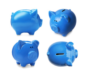 Image of Set with blue piggy bank on white background