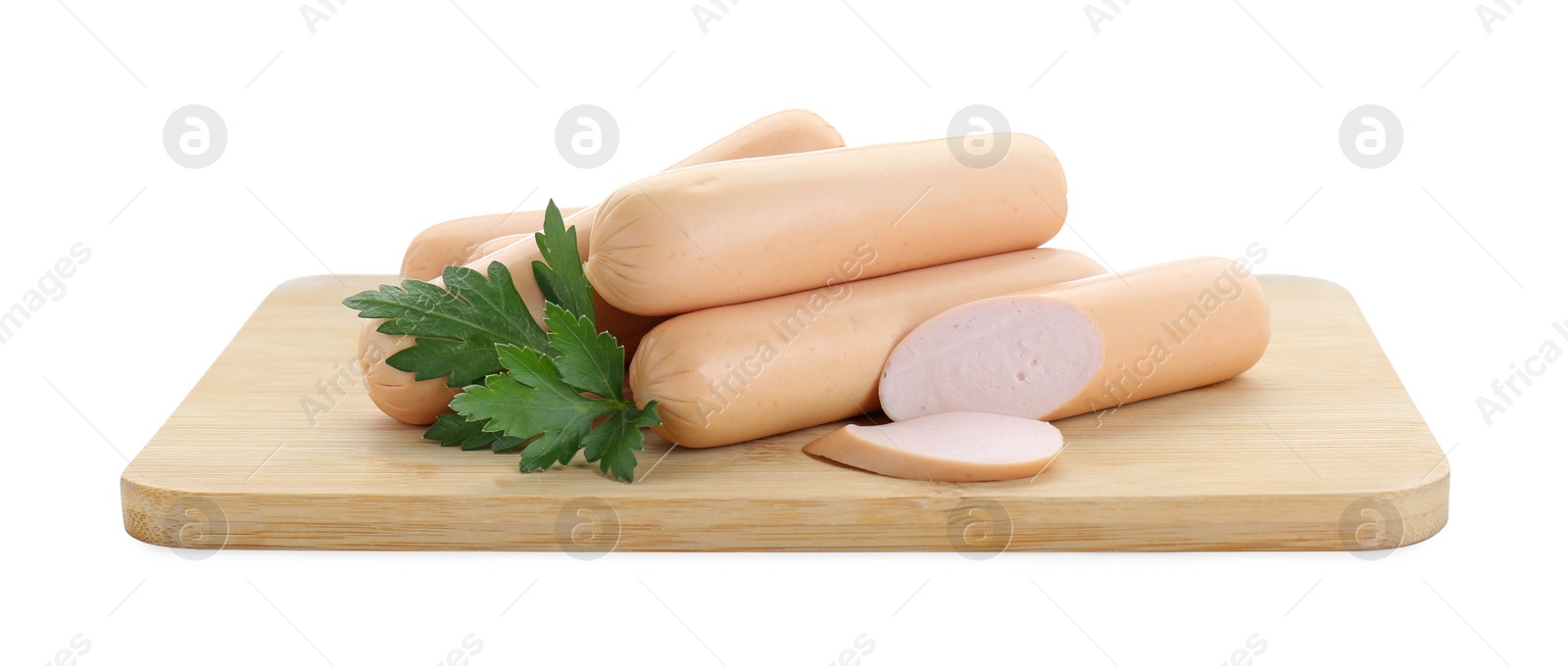 Photo of Fresh raw sausages and parsley isolated on white. Meat product