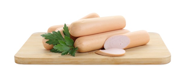 Photo of Fresh raw sausages and parsley isolated on white. Meat product
