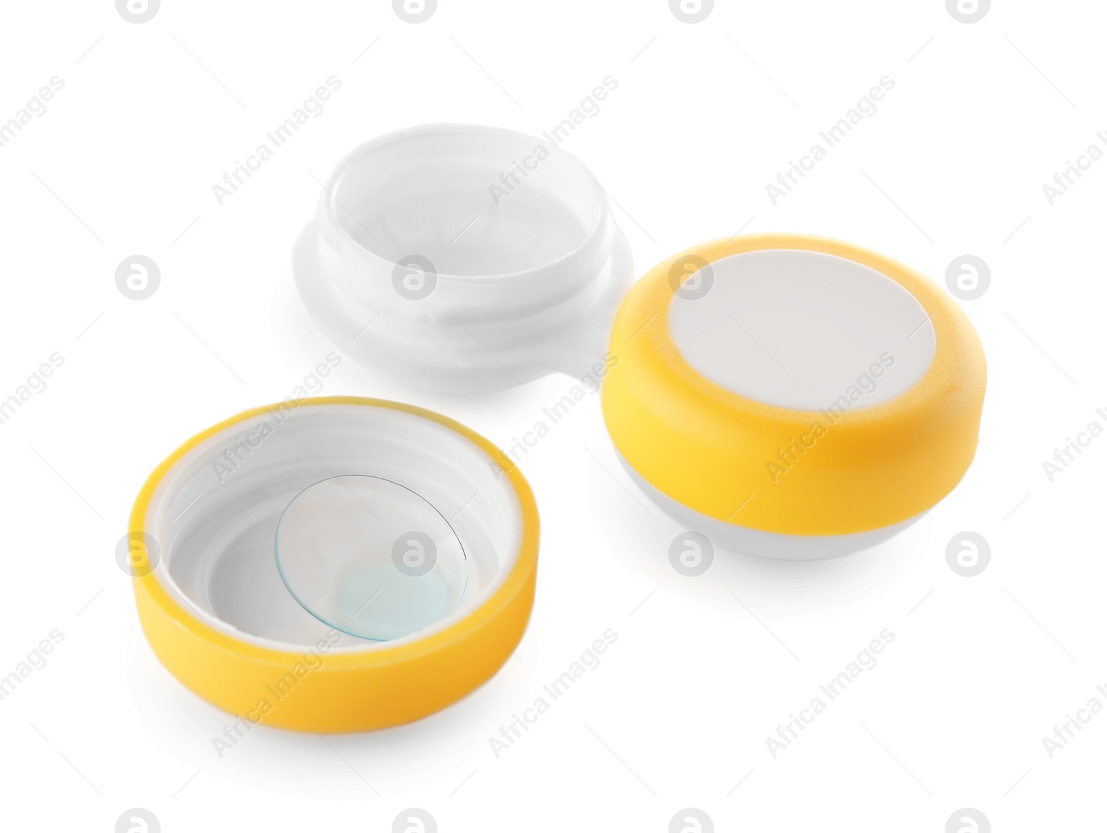 Photo of Container with contact lenses on white background