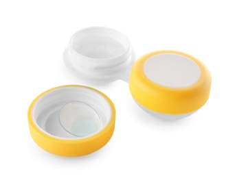 Photo of Container with contact lenses on white background