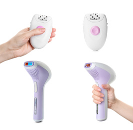 Collage of devices for epilation on white background