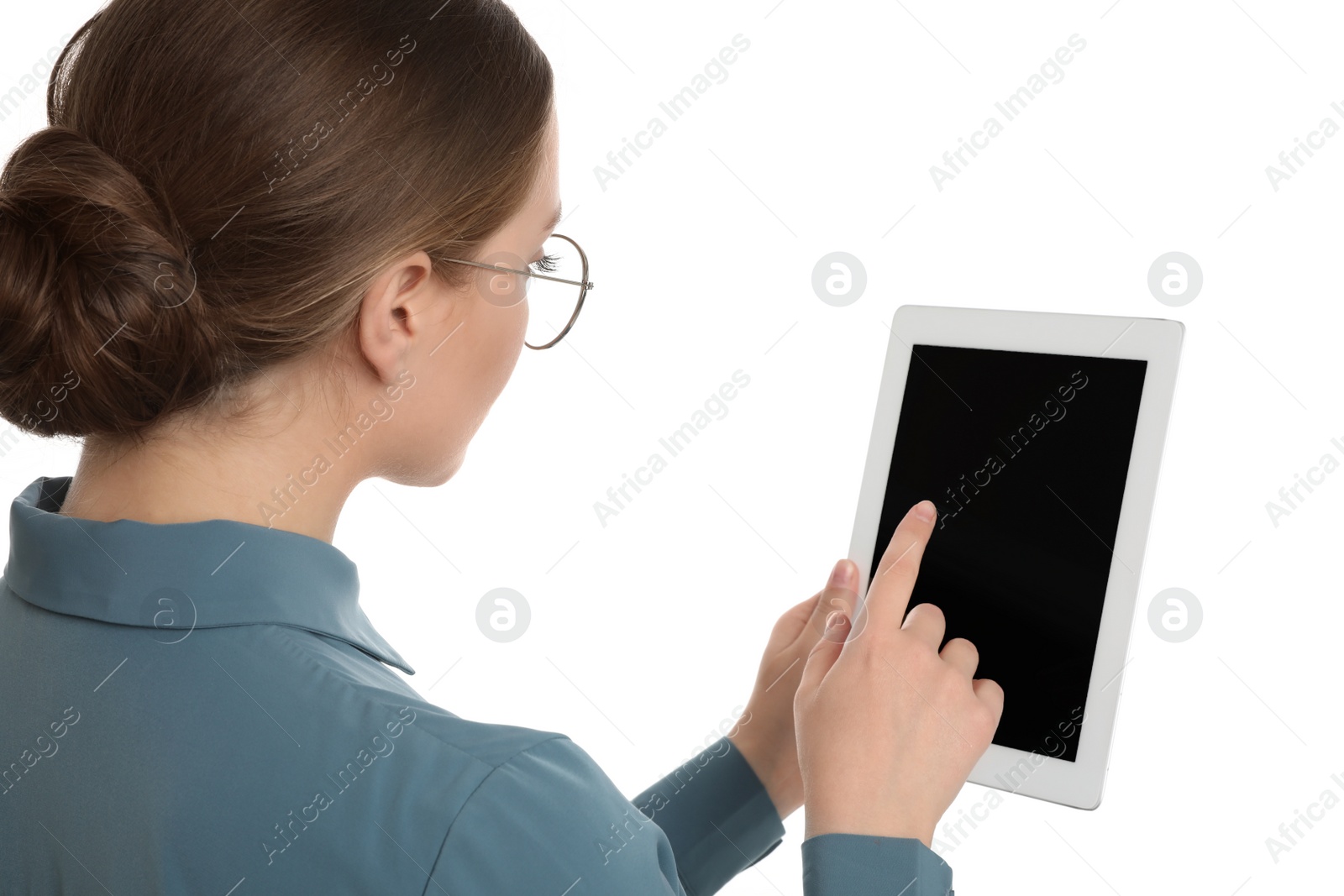 Photo of Young businesswoman with tablet on white background