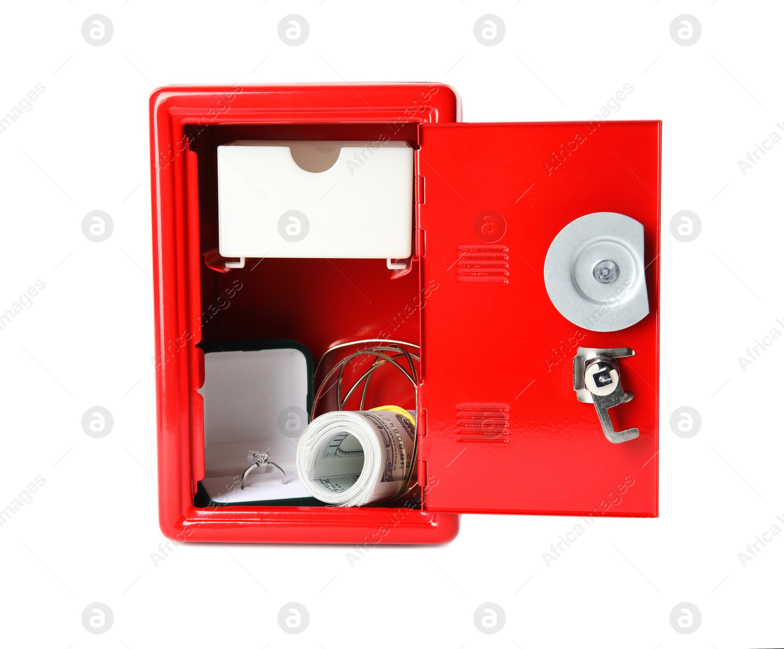 Open steel safe with money and jewelry isolated on white Photo of Open steel safe with money and jewelry isolated on white
