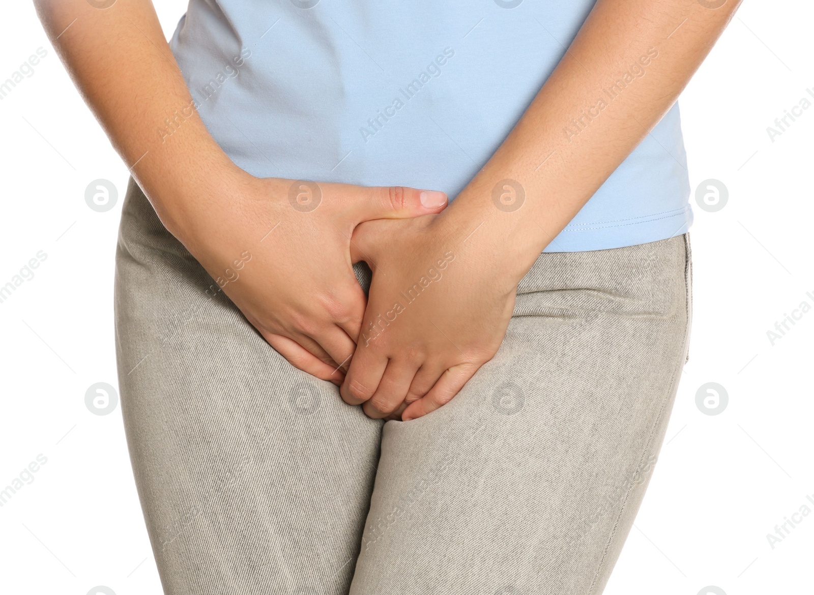 Photo of Woman suffering from genital herpes on white background, closeup