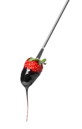 Photo of Tasty strawberry dipped into chocolate fondue on white background