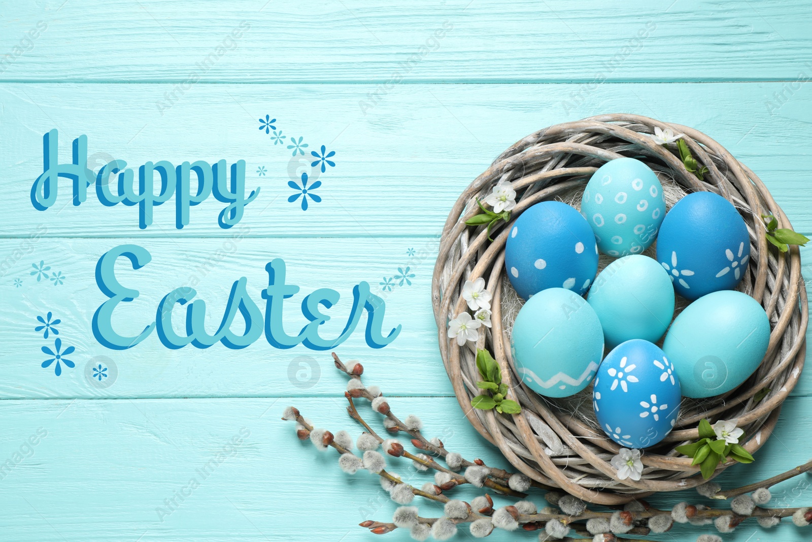 Image of Flat lay composition with text Happy Easter and eggs on light blue wooden background