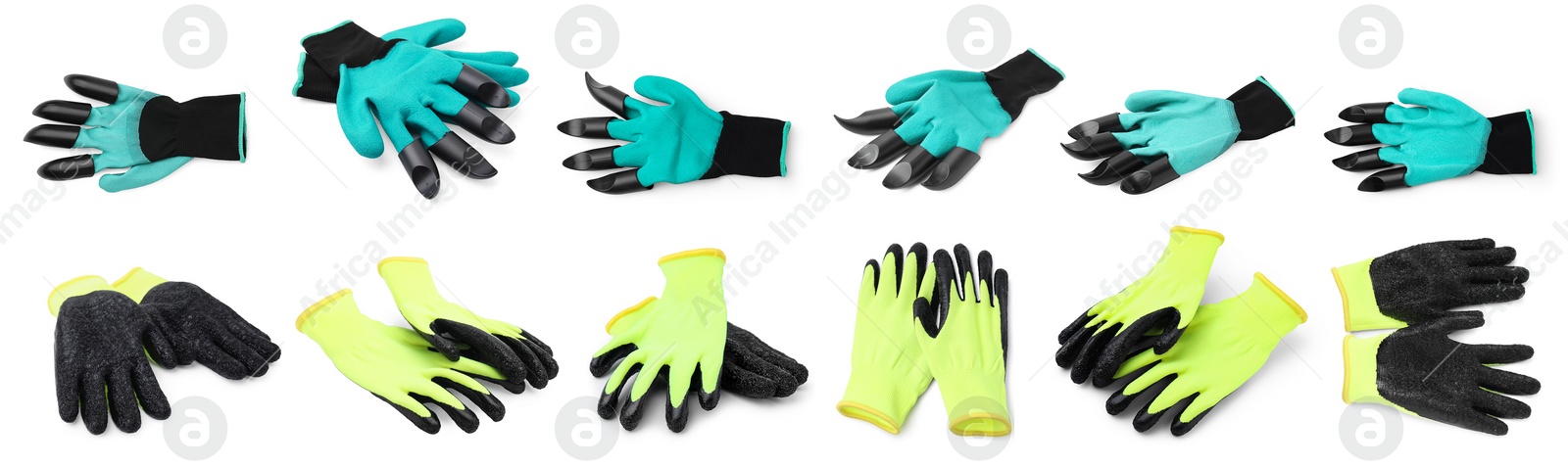 Image of Different gardening gloves isolated on white, set