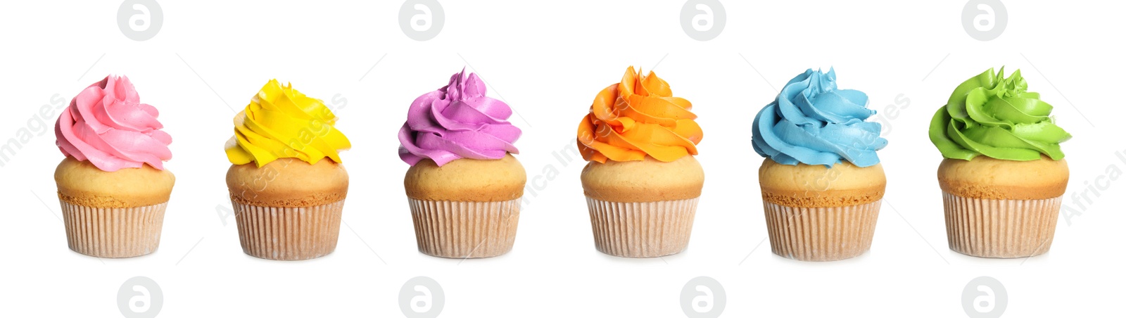 Image of Set of delicious birthday cupcakes on white background. Banner design