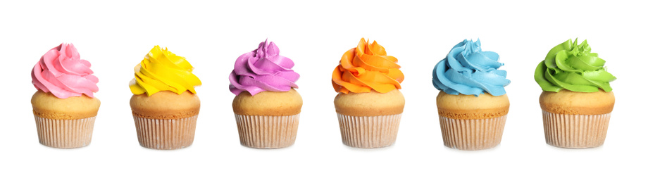 Image of Set of delicious birthday cupcakes on white background. Banner design