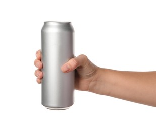 Woman holding aluminum can on white background, closeup