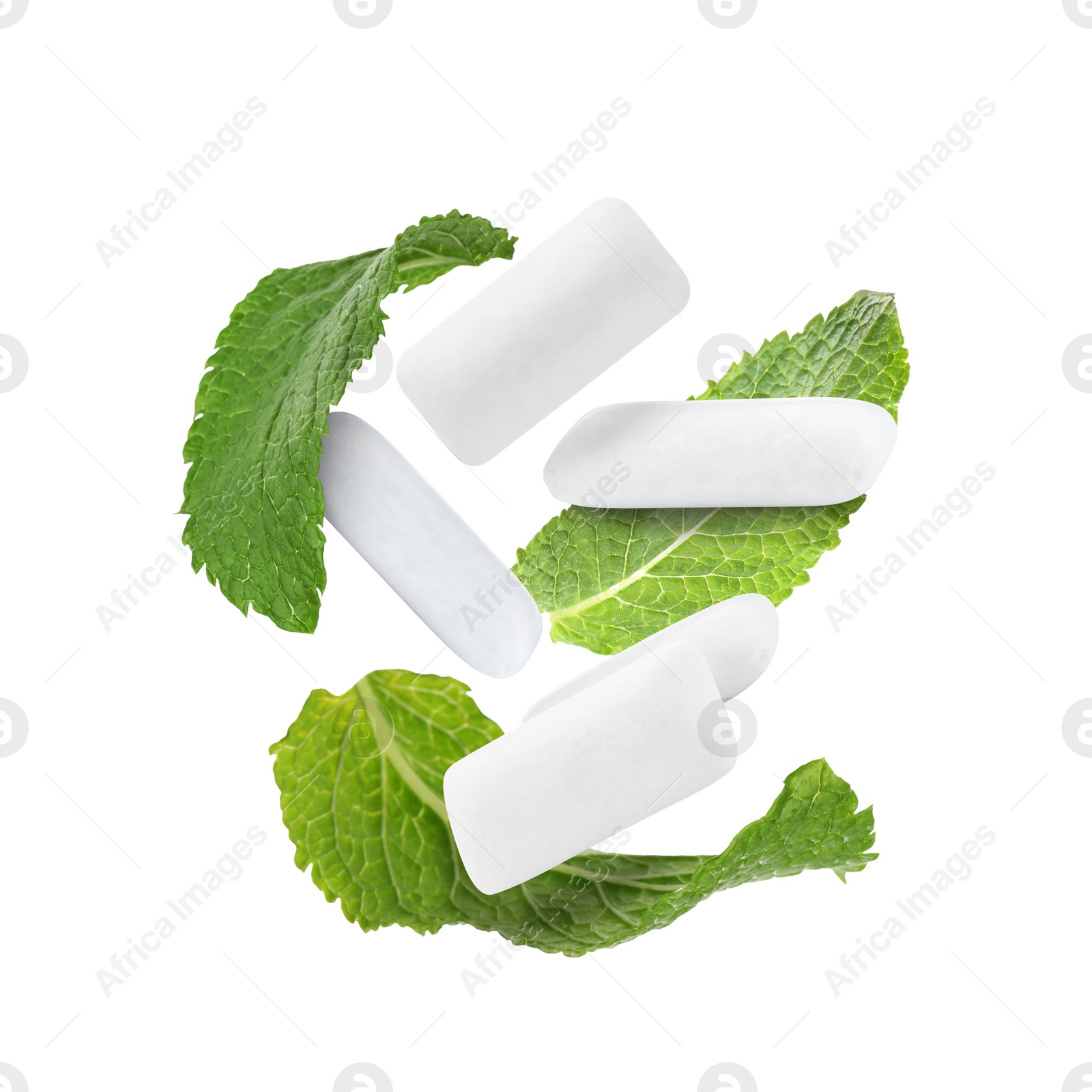 Image of Fresh mint leaves and chewing gum pads falling on white background