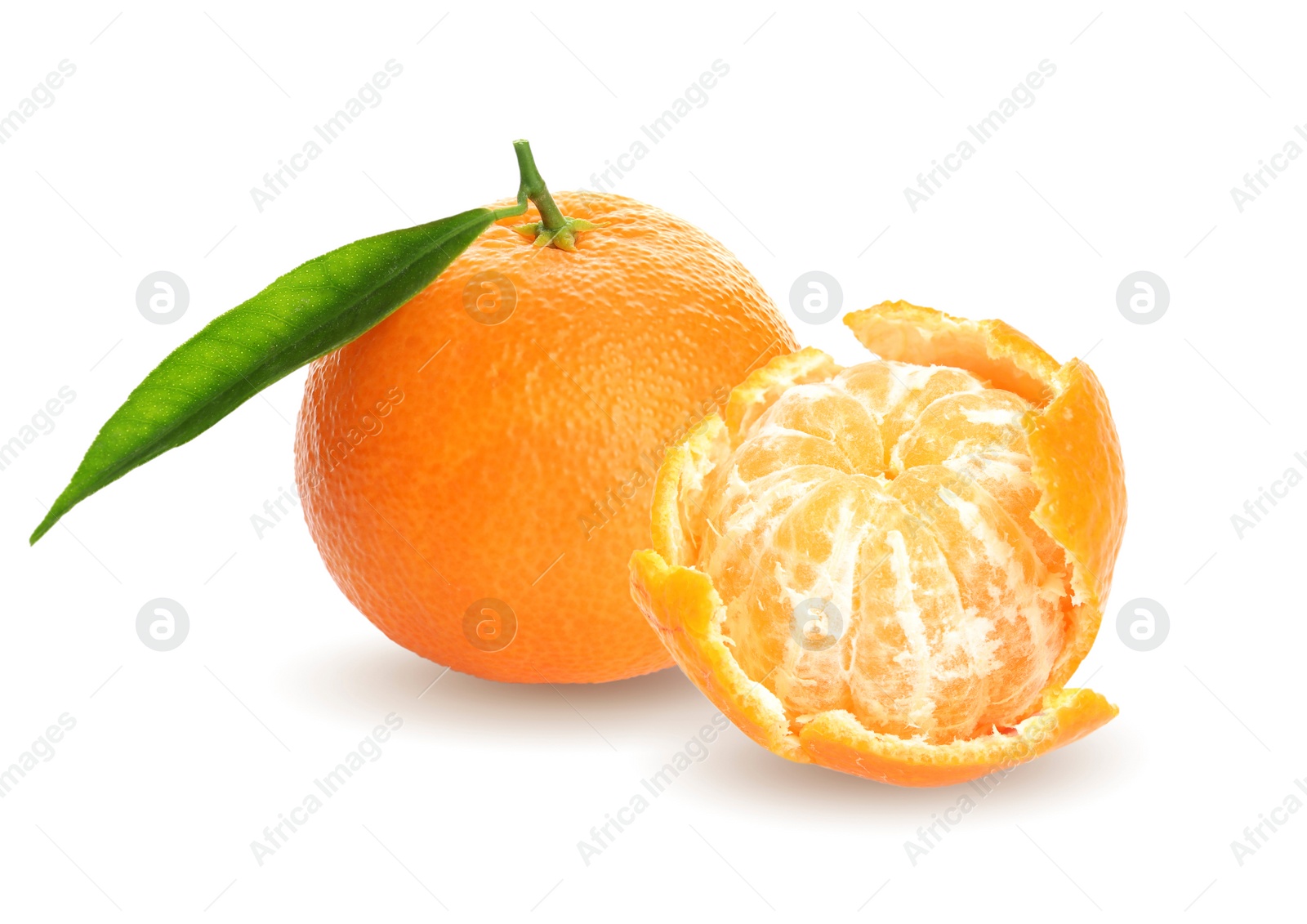 Image of Tasty ripe tangerines and green leaf on white background