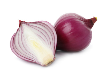 Photo of Fresh cut and whole red onion bulbs isolated on white