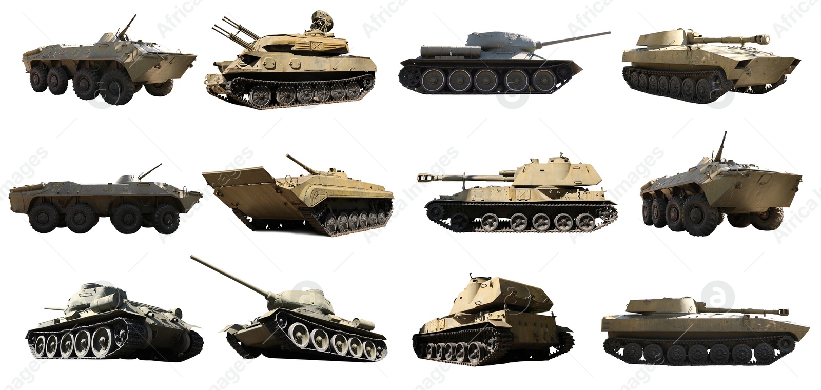 Image of Set of different military machinery on white background. Banner design