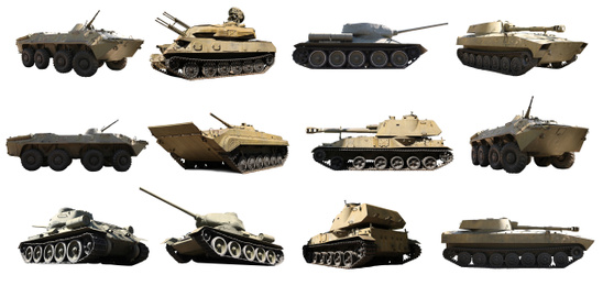 Image of Set of different military machinery on white background. Banner design