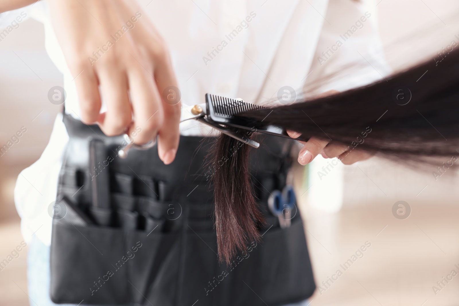 Photo of Professional hairdresser cutting woman's hair in beauty salon, closeup